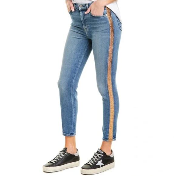 7FAMK Luxe Vintage High Waist Skinny Jeans Lurex Gold Stripe Boho Glam Festival - Picture 1 of 9